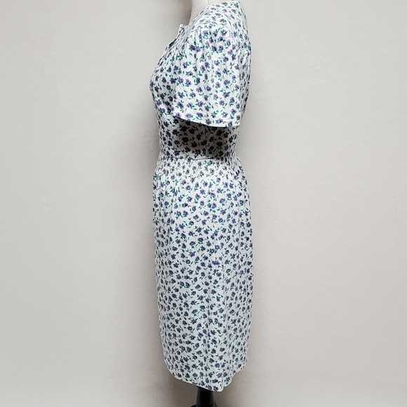 VINTAGE 80s Jordan Michaels Calico Ditsy Floral Short Sleeve Stretchy Midi Dress - Picture 9 of 15